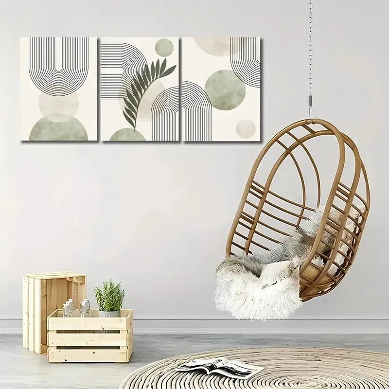 3pcs Abstract Sage Green Geometric Line Print Metal Print Ready to Hang Art