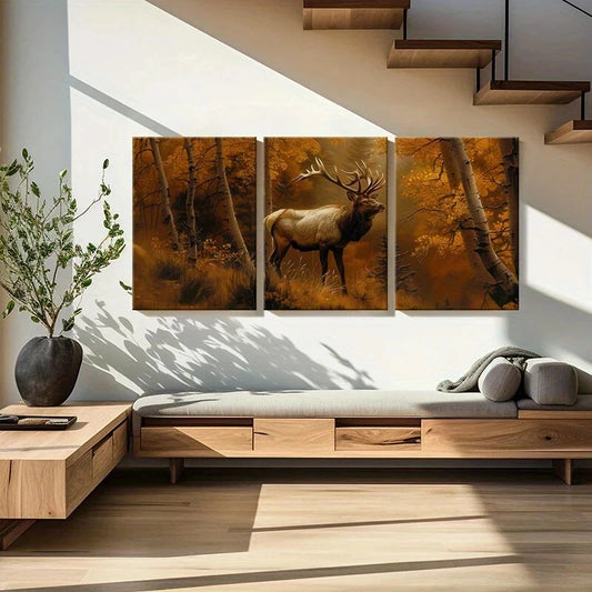 3pcs Majestic Elk Golden Forest Autumn Metal Print Ready to Hang Art