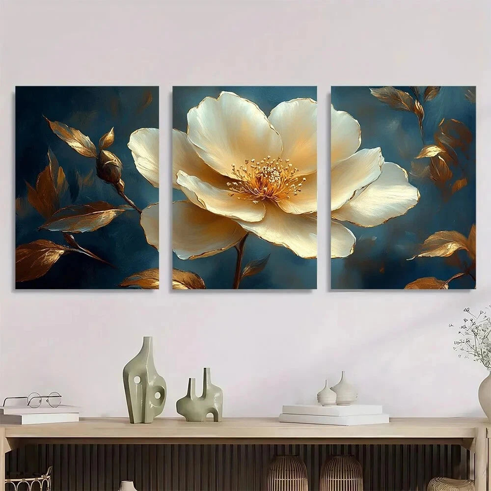 3pcs Elegant Golden Floral Vintage White Golden Metal Print Ready to Hang Art