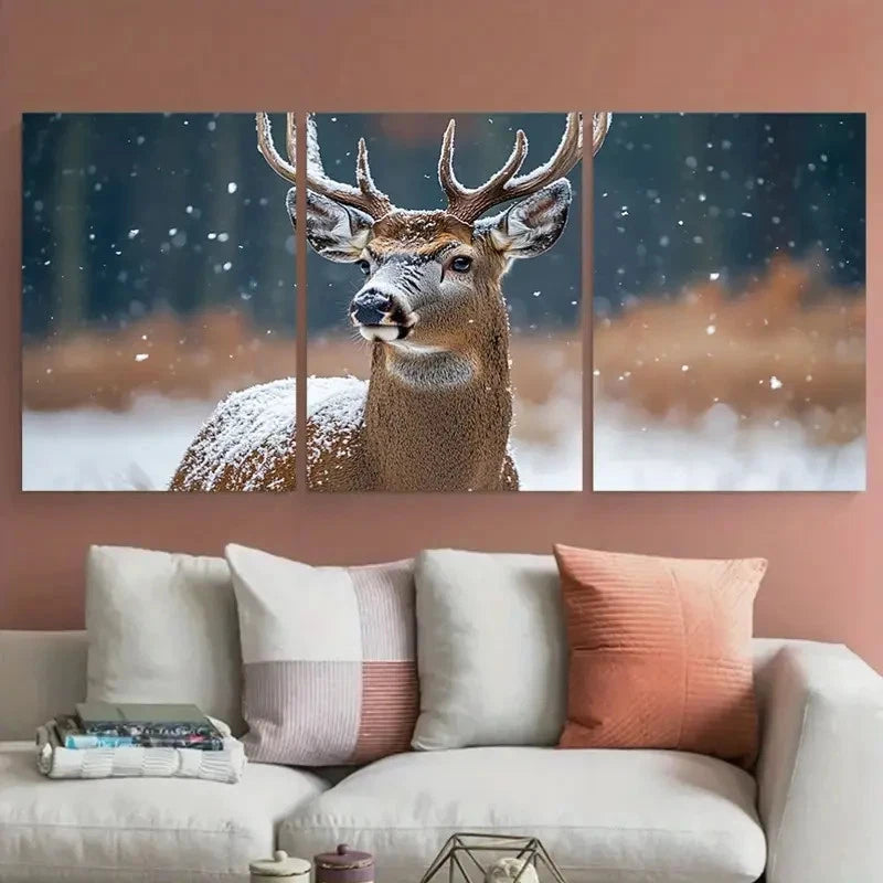3pcs Roe Deer Buck Snowy Woodland Forest Metal Print Ready to Hang Art