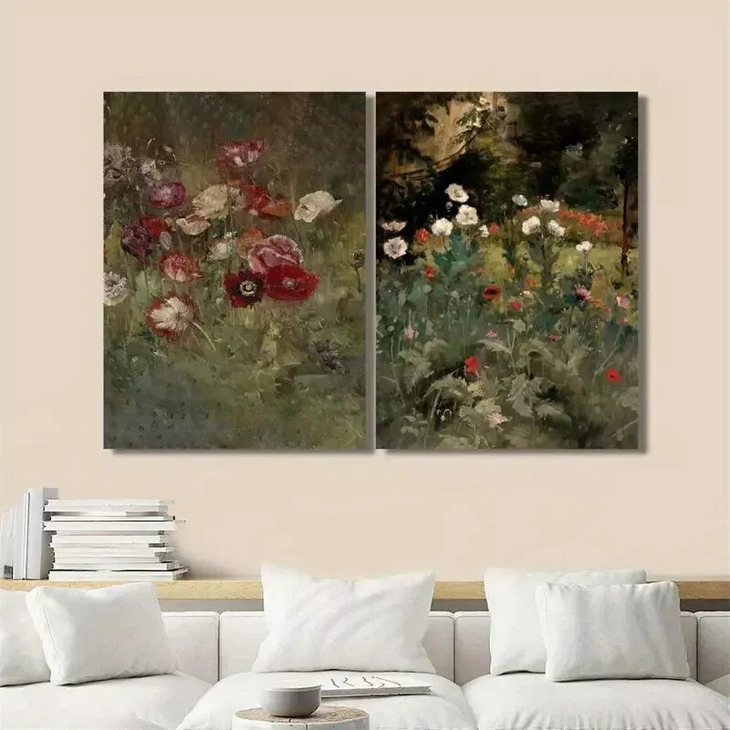 2pcs Decorative Painting, Antique Flower Meadow Canvas Framed 50x75cm - High Quality Print 100% Australian Made Wall Canvas Ready to Hang