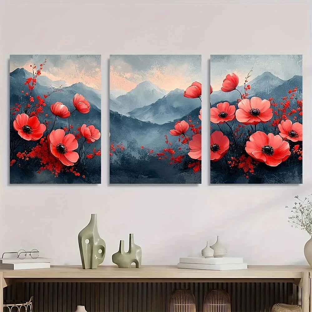 3pcs Painting Fresh Flowers Mountain Metal Print Ready to Hang Art