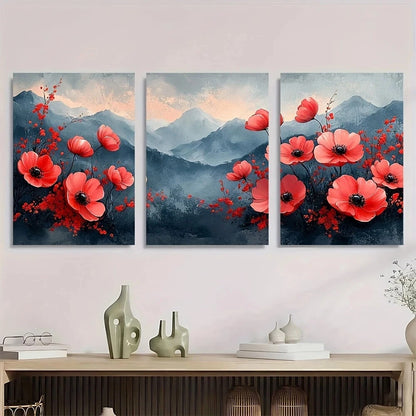 3pcs Painting Fresh Flowers Mountain Metal Print Ready to Hang Art