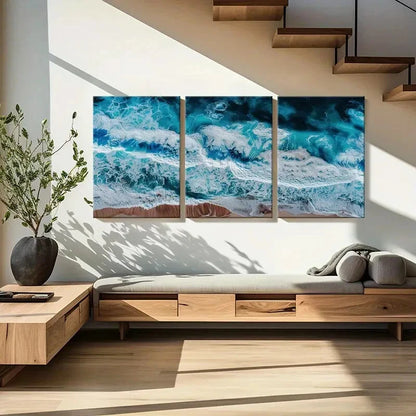 3pcs Turquoise Blue White Foam Abstract DesignMetal Print Ready to Hang Art