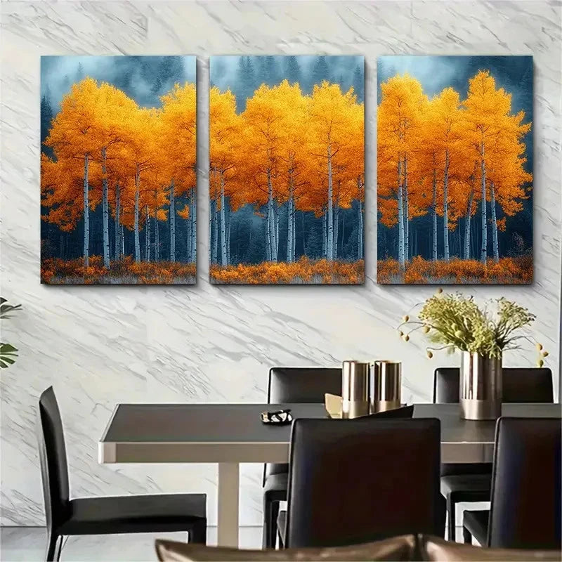 3pcs Vibrant Aspen Tree Golden Yellow Leaves Wall Art Set Canvas Framed 40x60cm - High Quality Print 100% Australian Made Wall Canvas Ready to Hang