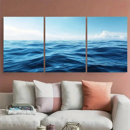 3pcs Soothing Blue Ocean Minimalist Nautical Wall Art Set Canvas Framed 50x70cm - High Quality Print 100% Australian Made Wall Canvas Ready to Hang