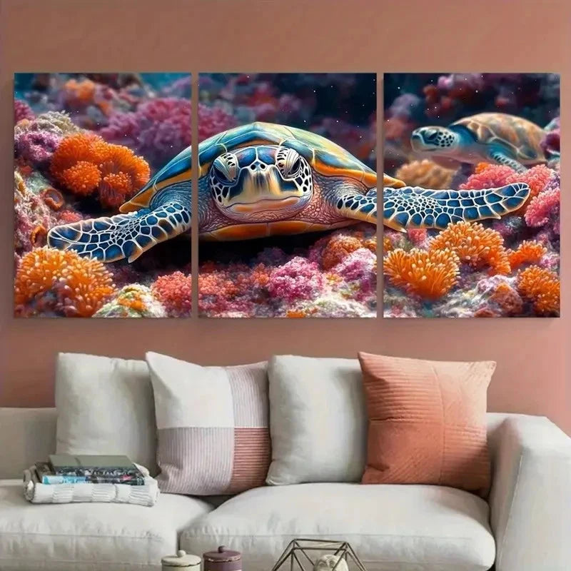 3pcs Coral Reef Sea Life Tropical Fish Sea Turtle Metal Print Ready to Hang Art