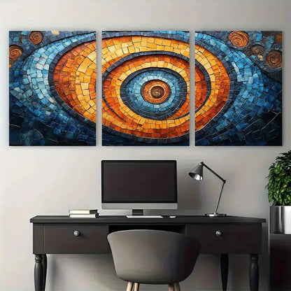 3pcs Vibrant Blue Orange Abstract Spiral Mosaic Metal Print Ready to Hang Art