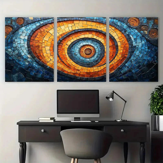 3pcs Vibrant Blue Orange Abstract Spiral Mosaic Metal Print Ready to Hang Art