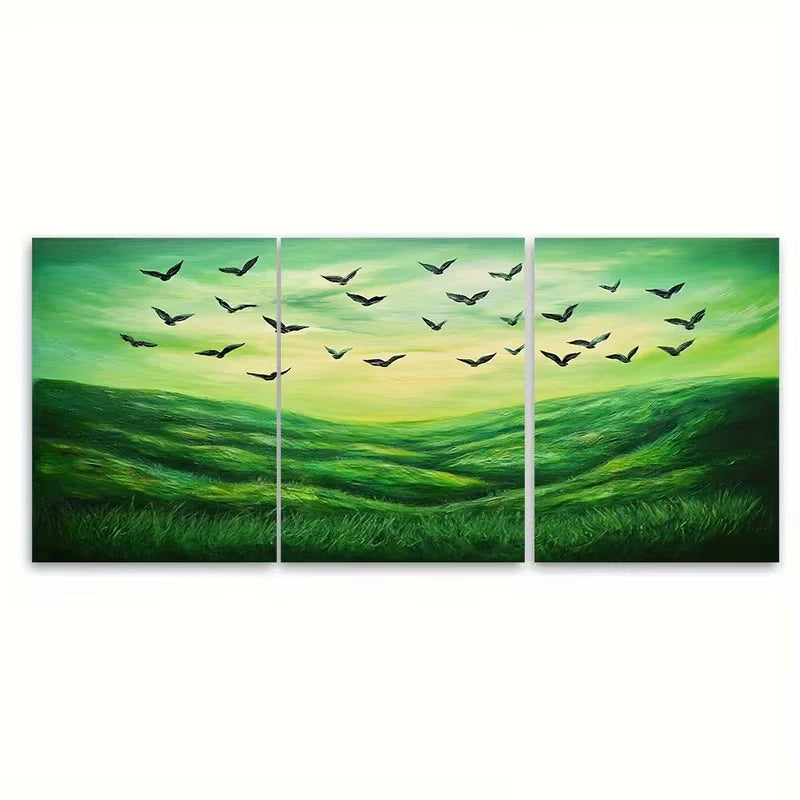 3pcs Green Landscape Birds Textured Metal Print Ready to Hang Art