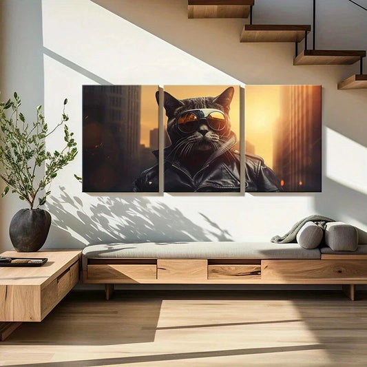 3pcs Cat In Fashion Glasses Urban Sunset Metal Print Ready to Hang Art