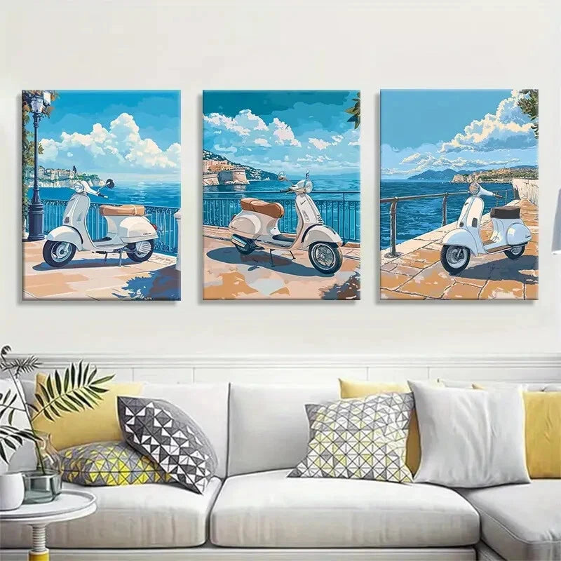 3pcs Retro Scooter Prints with Blue Sea View Metal Print Ready to Hang Art