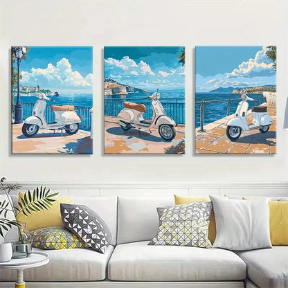 3pcs Retro Scooter Prints with Blue Sea View Metal Print Ready to Hang Art