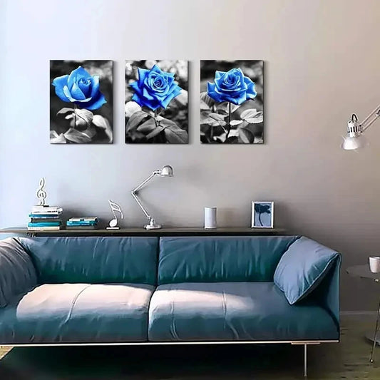 3pcs Black And White Blue Rose Flowers Metal Print Ready to Hang Art