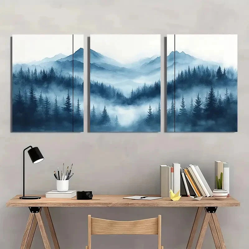 3pcs Misty Forest Triptych Foggy Shoreline Metal Print Ready to Hang Art