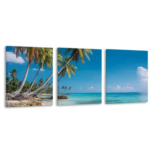 3pcs Australian Beach Waters & Palm Trees   Wall Art Set Canvas Framed 60x90cm - High Quality Print 100% Australian Made Wall Canvas Ready to Hang