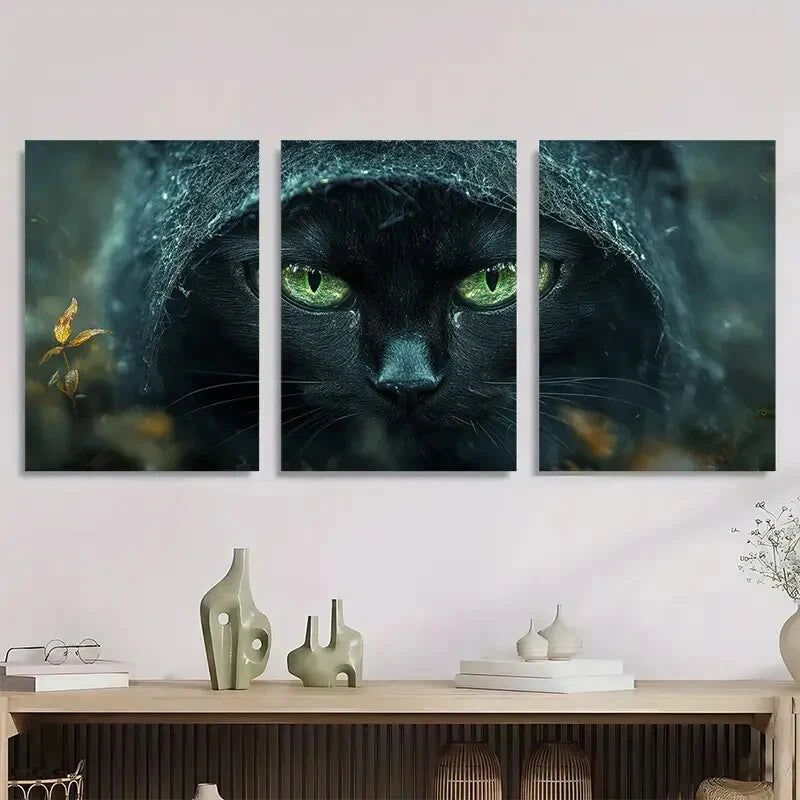 3pcs Spooky Black Cat with Green Eyes Metal Print Ready to Hang Art