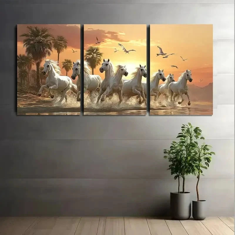 3pcs White Horses Running in Desert Sunset Metal Print Ready to Hang Art