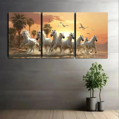 3pcs White Horses Running in Desert Sunset Metal Print Ready to Hang Art