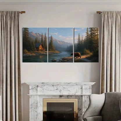 3pcs Mountain Cabin Bear Forest River Landscape Metal Print Ready to Hang Art