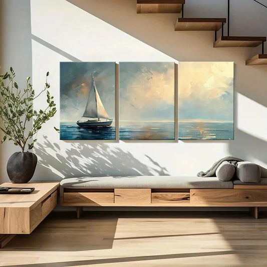 3pcs Serene Ocean Waves & Abstract Sky Art Metal Print Ready to Hang Art
