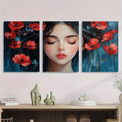 3pcs Dreamy Girl Elegant Woman with Red Poppies Metal Print Ready to Hang Art