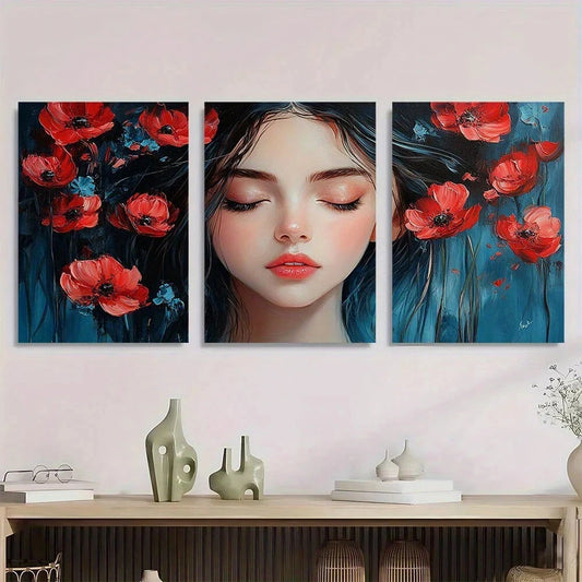 3pcs Dreamy Girl Elegant Woman with Red Poppies Metal Print Ready to Hang Art