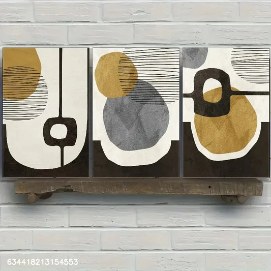 3pcs Geometric Black & White Patterns with Golden Metal Print Ready to Hang Art