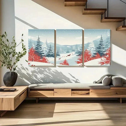 3pcs Snow Scene with Elk Modern Decor Wall Art Set Canvas Framed 40x60cm - High Quality Print 100% Australian Made Wall Canvas Ready to Hang