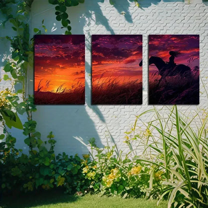 3pcs Horseman Silhouette Sunset Metal Print Ready to Hang Art
