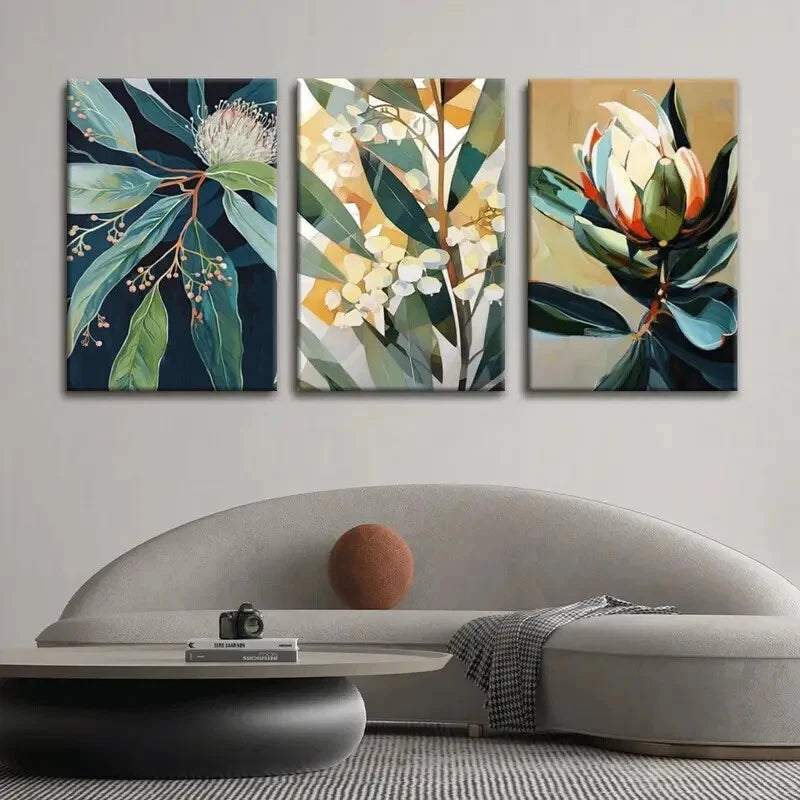 3pcs Abstract Floral Flowers And Blue Foliage Metal Print Ready to Hang Art