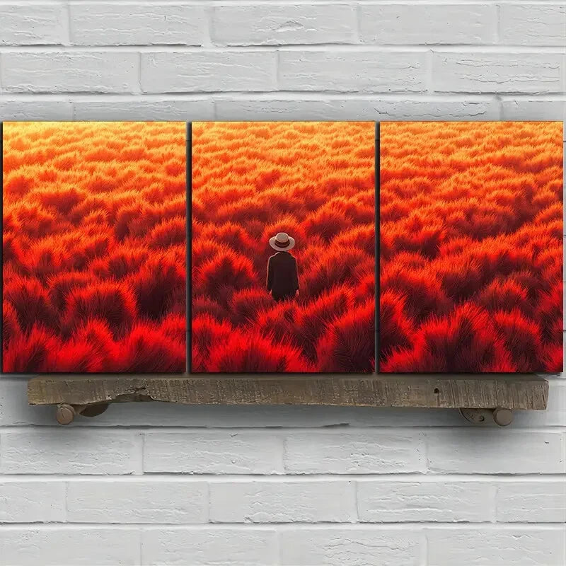 3pcs Abstract Red Field Figure Metal Print Ready to Hang Art