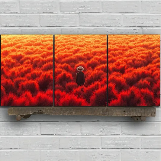 3pcs Abstract Red Field Figure Metal Print Ready to Hang Art