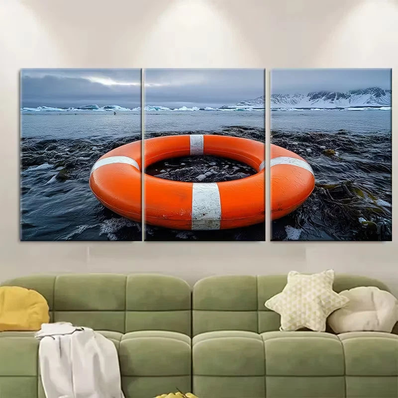 3pcs Bright Orange Lifebuoy Ring Metal Print Ready to Hang Art