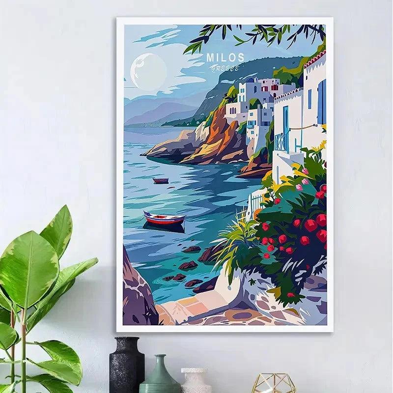 Vintage Greek Island Milos Coastal Travel Poster Print Wall Art