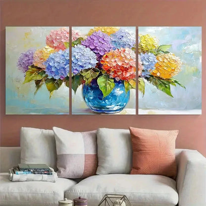 3pcs Hydrangea Bouquet in Blue Glass Vase Metal Print Ready to Hang Art