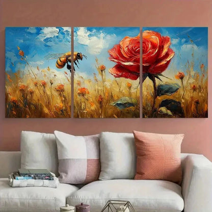 3pcs Vibrant Red Rose Honeybee Meadow Floral Metal Print Ready to Hang Art