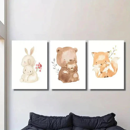 3pcs Cartoon Bunny & Bear Family, Cute Animal Wall Art Canvas Unframed - High Quality Print 100% Australian Made Wall Canvas