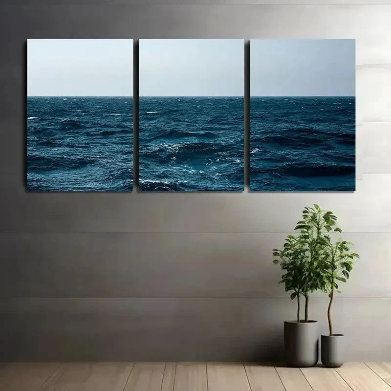 3pcs Vast Ocean with Dark Blue Sea Artwork Metal Print Ready to Hang Art