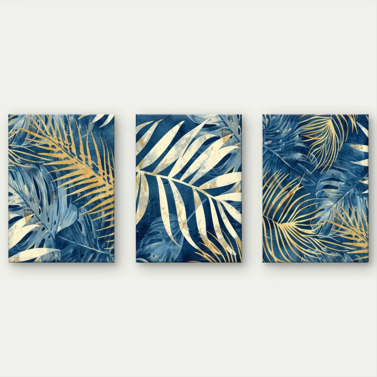 3pcs Modern Abstract Blue and Gold Palm Leaves Wall Art Set Canvas Framed 40x60cm - High Quality Print 100% Australian Made Wall Canvas Ready to Hang
