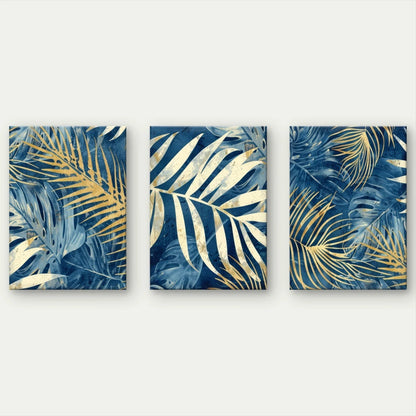 3pcs Modern Abstract Blue and Gold Palm Leaves Wall Art Set Canvas Framed 40x60cm - High Quality Print 100% Australian Made Wall Canvas Ready to Hang