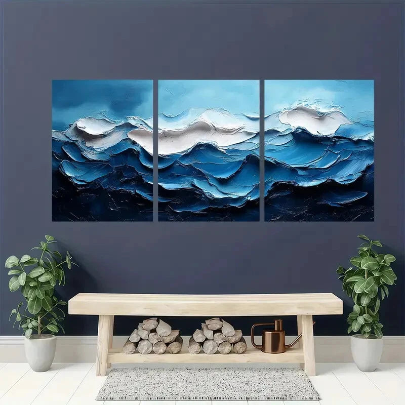 3pcs Abstract Blue Seascape Oil Paintings Metal Print Ready to Hang Art