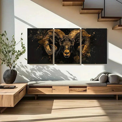3pcs Abstract Golden Ram Artistic Splatter Metal Print Ready to Hang Art