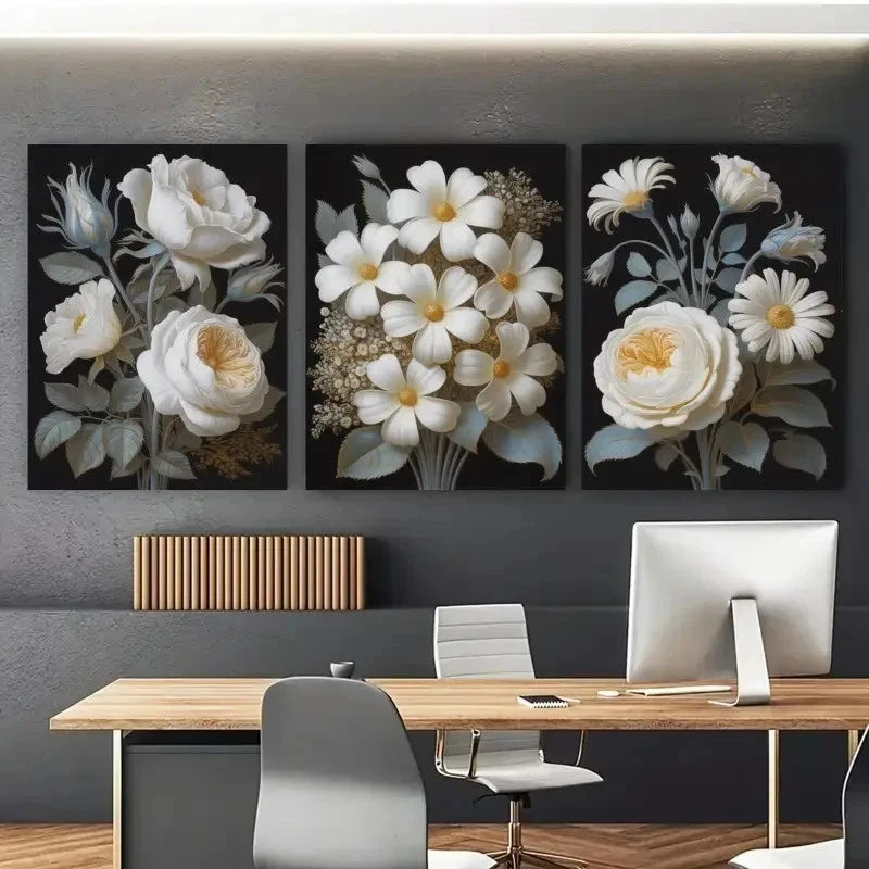 3pcs White Flowers Golden Leaves Painting Metal Print Ready to Hang Art