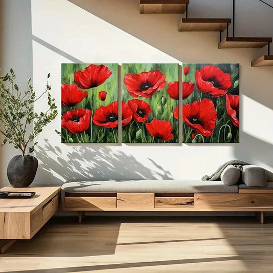 3pcs Red Flower Field Vibrant Colors Floral Art Metal Print Ready to Hang Art