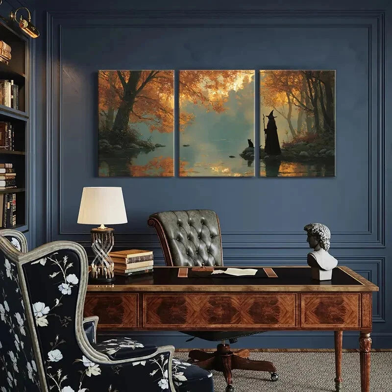 3pcs Autumn Witch Cat Magic River Landscape Metal Print Ready to Hang Art