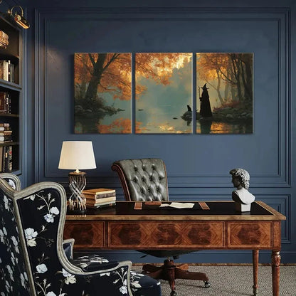 3pcs Autumn Witch Cat Magic River Landscape Metal Print Ready to Hang Art