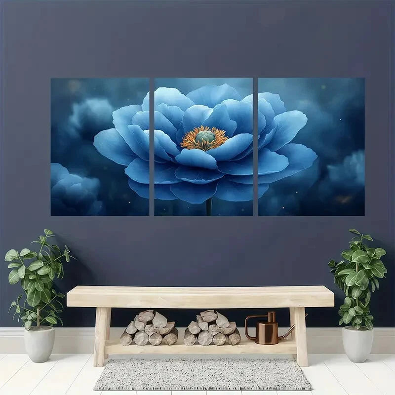 3pcs Light Blue Peony Flower Painting Metal Print Ready to Hang Art