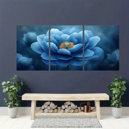 3pcs Light Blue Peony Flower Painting Metal Print Ready to Hang Art