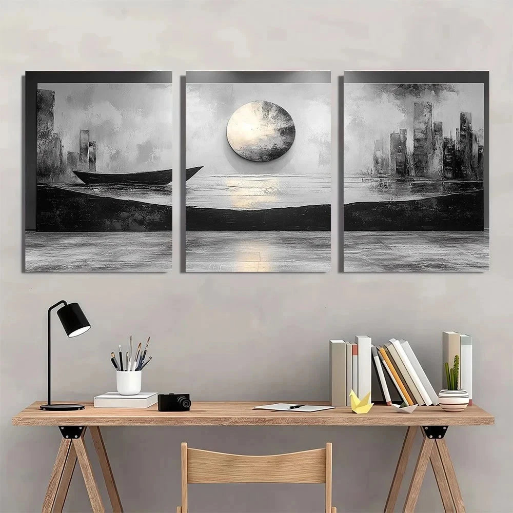 3pcs Black and White Abstract Metal Print Ready to Hang Art